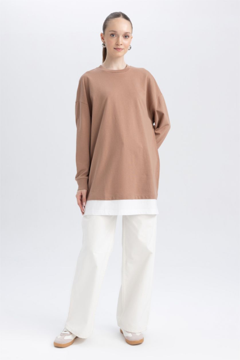 WOMAN Light Brown Regular Fit Thin Sweatshirt Fabric Crew Neck Sweat Tunic