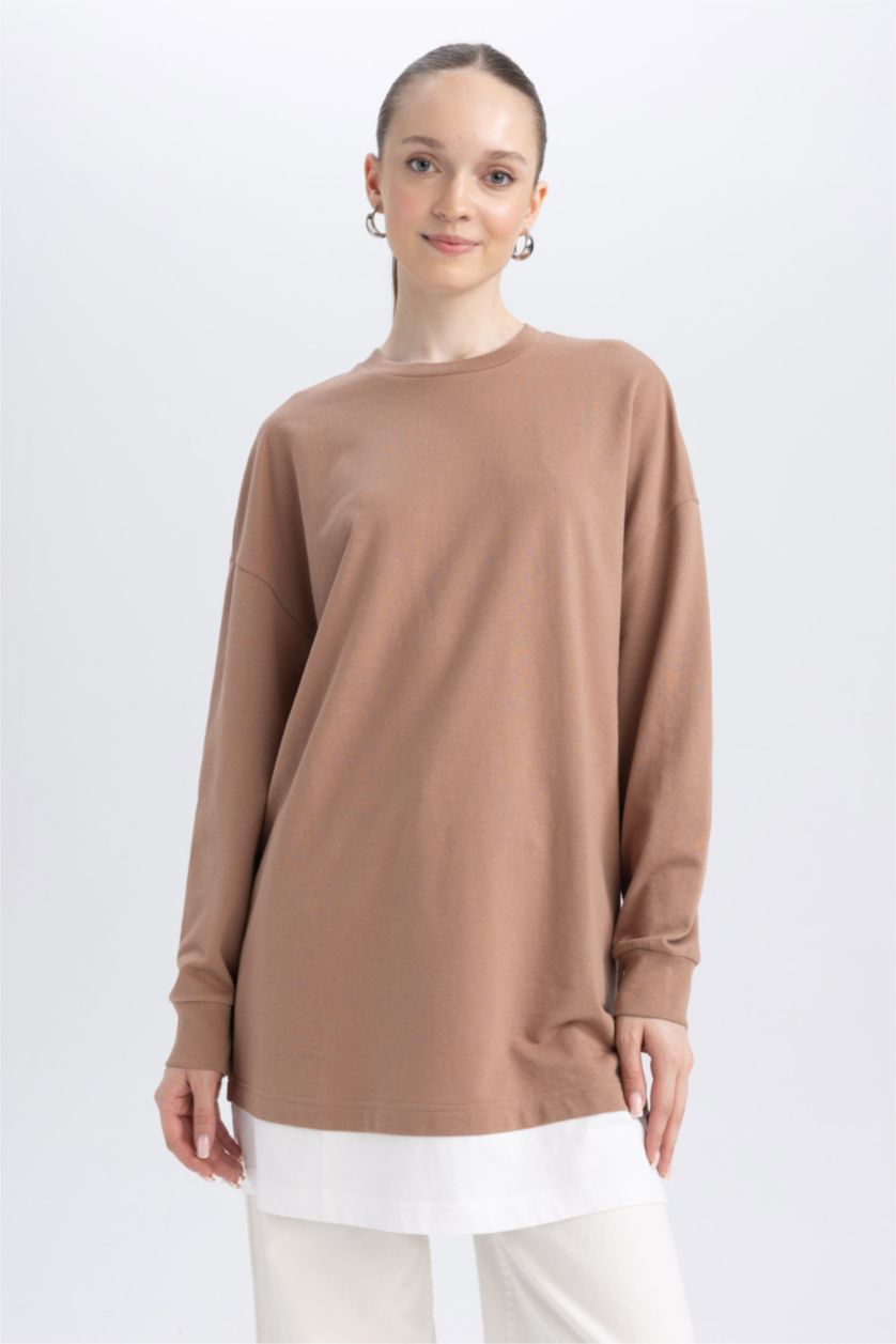 WOMAN Light Brown Regular Fit Thin Sweatshirt Fabric Crew Neck Sweat Tunic
