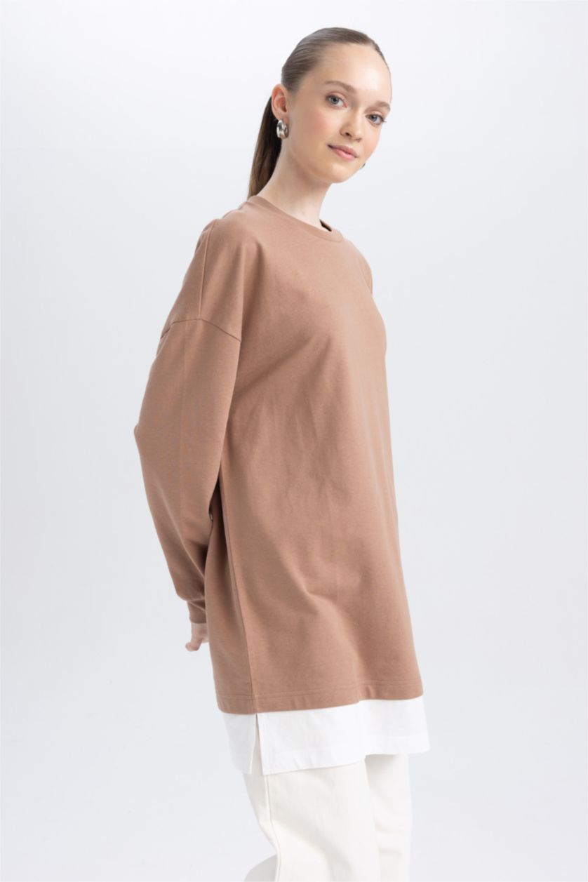 WOMAN Light Brown Regular Fit Thin Sweatshirt Fabric Crew Neck Sweat Tunic