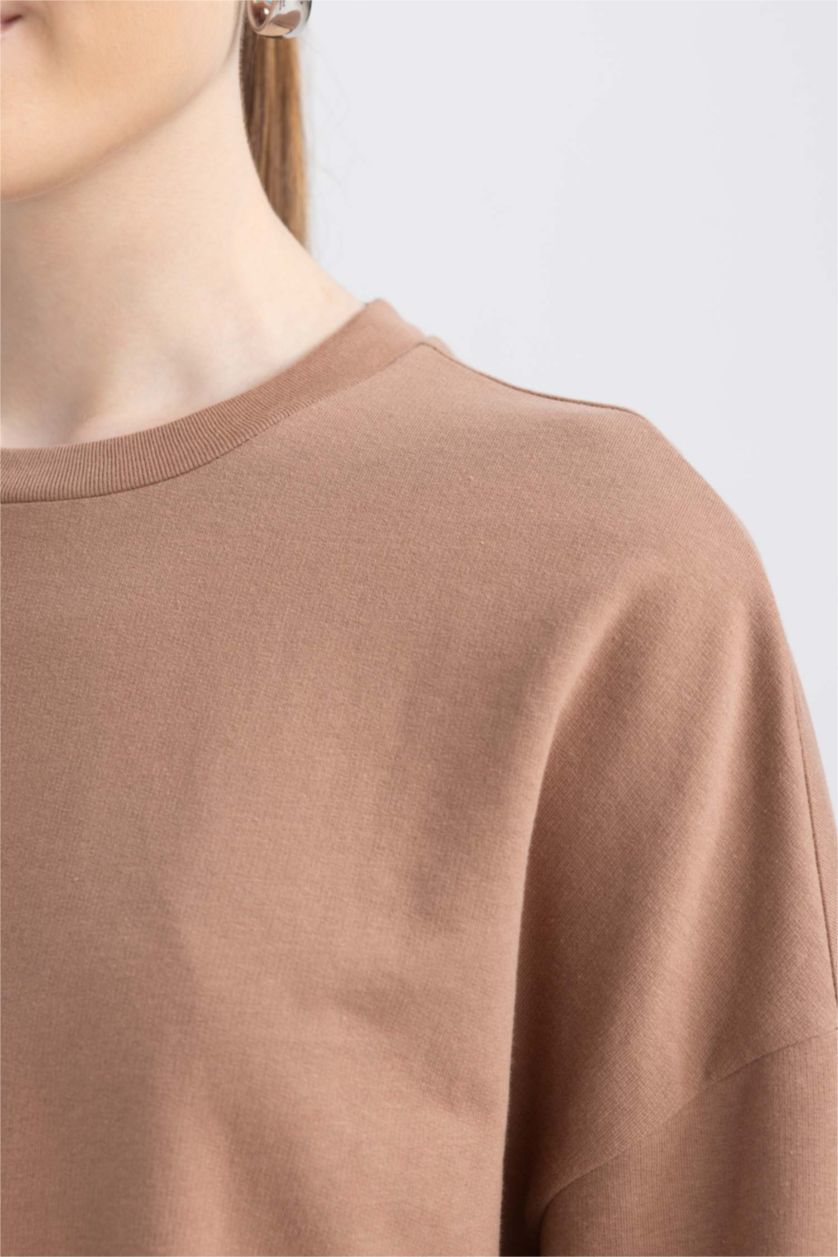 WOMAN Light Brown Regular Fit Thin Sweatshirt Fabric Crew Neck Sweat Tunic