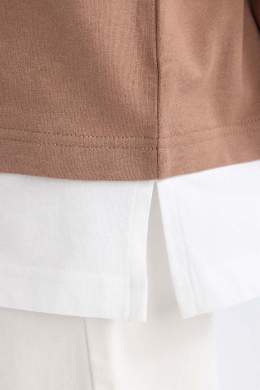 WOMAN Light Brown Regular Fit Thin Sweatshirt Fabric Crew Neck Sweat Tunic