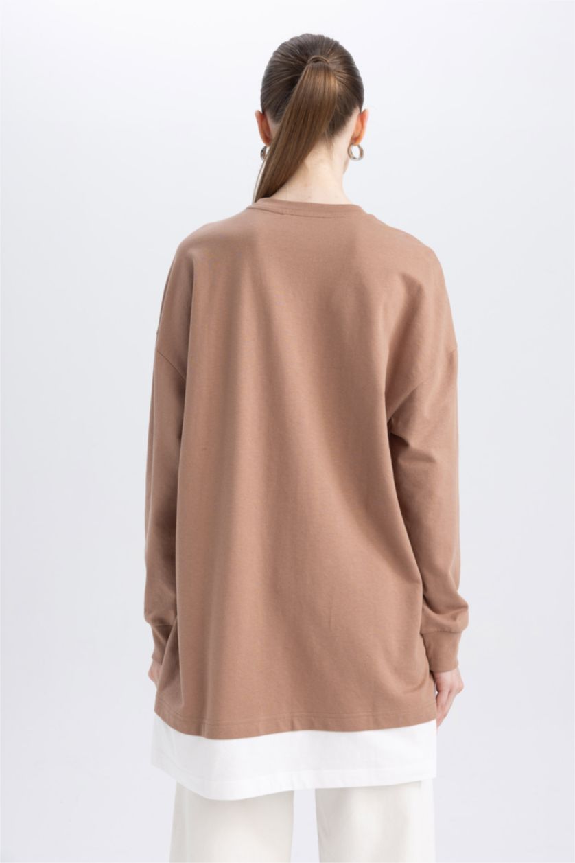 WOMAN Light Brown Regular Fit Thin Sweatshirt Fabric Crew Neck Sweat Tunic