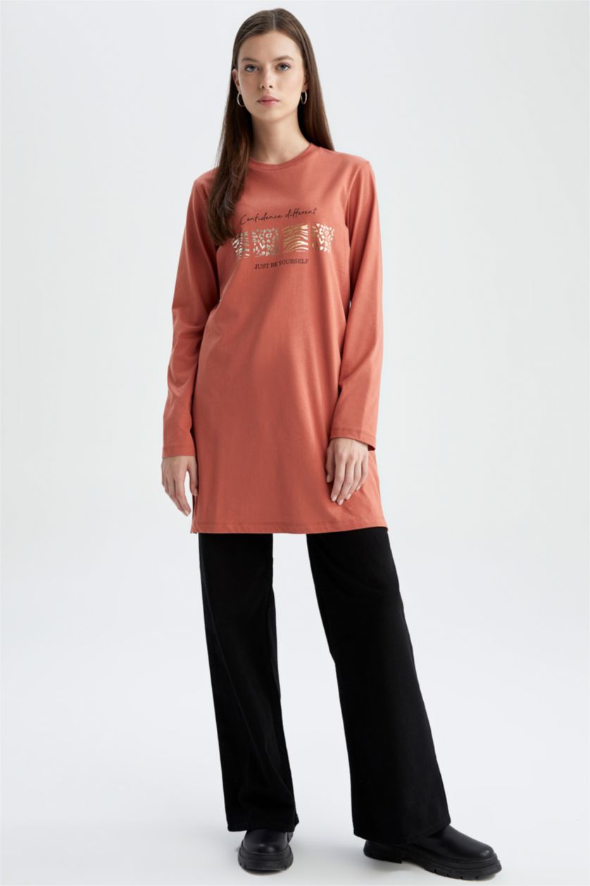 نساء اللون الطوبي تونيك كم طويل ممشط مطبوع قصة مريحة بياقة مستديرة