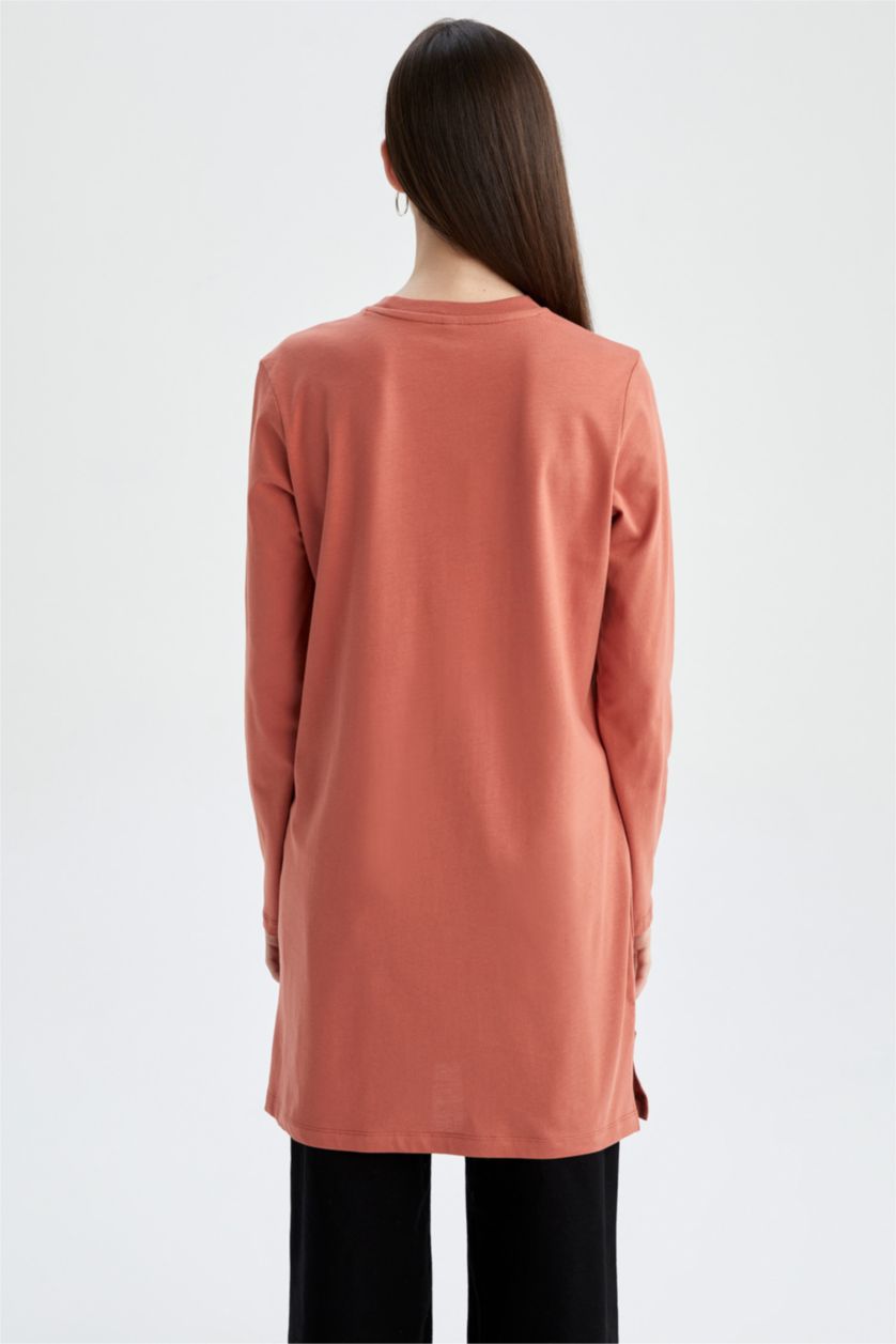 نساء اللون الطوبي تونيك كم طويل ممشط مطبوع قصة مريحة بياقة مستديرة