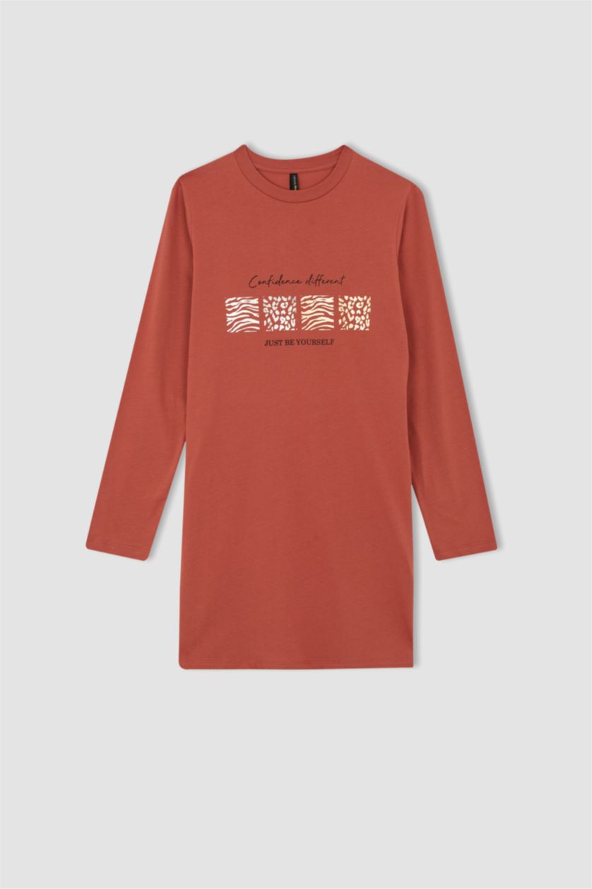 نساء اللون الطوبي تونيك كم طويل ممشط مطبوع قصة مريحة بياقة مستديرة