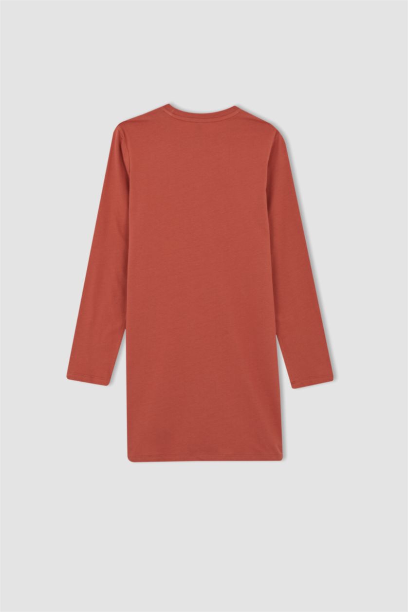 نساء اللون الطوبي تونيك كم طويل ممشط مطبوع قصة مريحة بياقة مستديرة