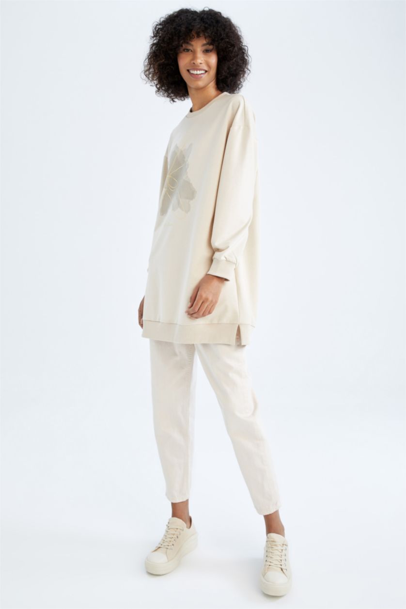 WOMAN Beige Relax Fit Thin Sweatshirt Fabric Crew Neck Embroidered Sweat Tunic