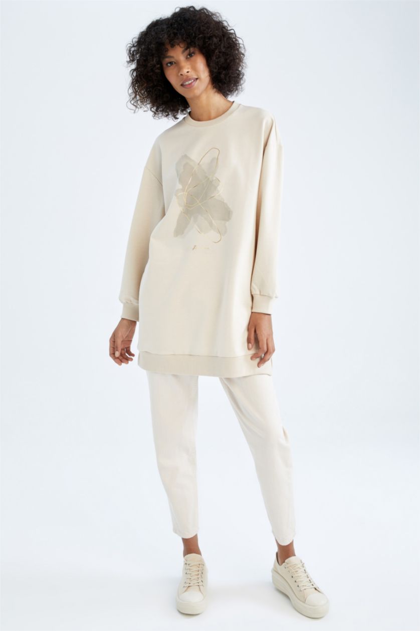 WOMAN Beige Relax Fit Thin Sweatshirt Fabric Crew Neck Embroidered Sweat Tunic