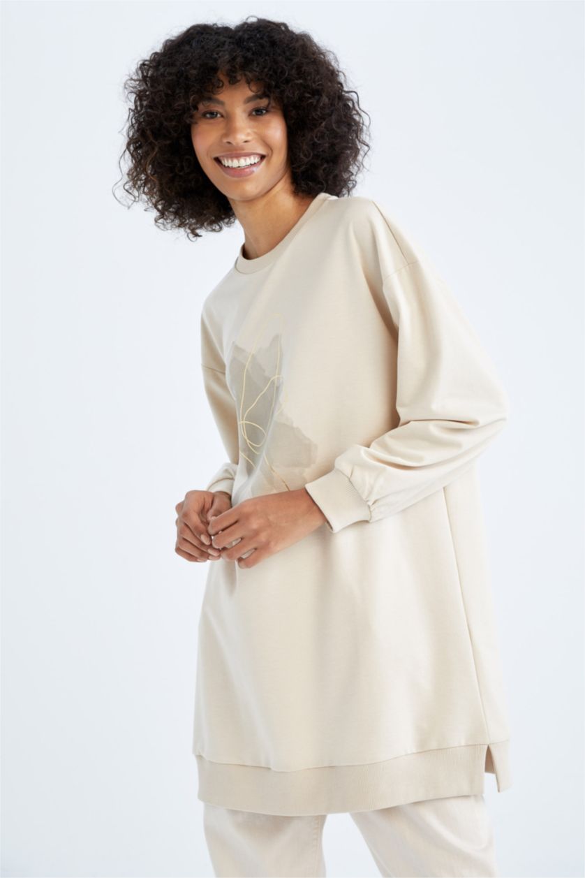 WOMAN Beige Relax Fit Thin Sweatshirt Fabric Crew Neck Embroidered Sweat Tunic
