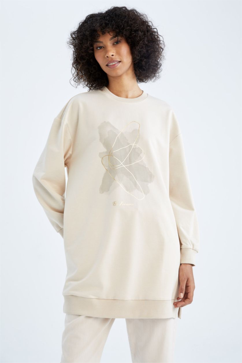 WOMAN Beige Relax Fit Thin Sweatshirt Fabric Crew Neck Embroidered Sweat Tunic