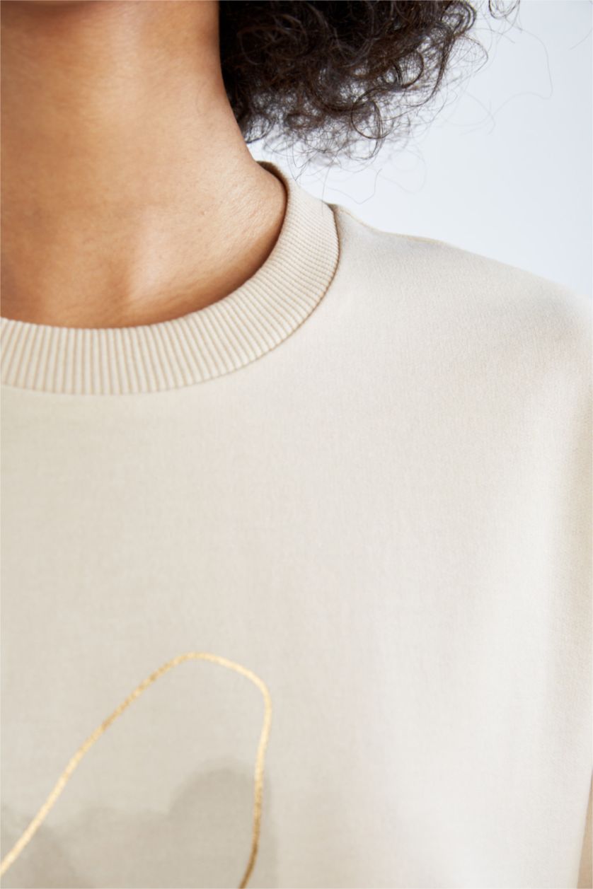 WOMAN Beige Relax Fit Thin Sweatshirt Fabric Crew Neck Embroidered Sweat Tunic