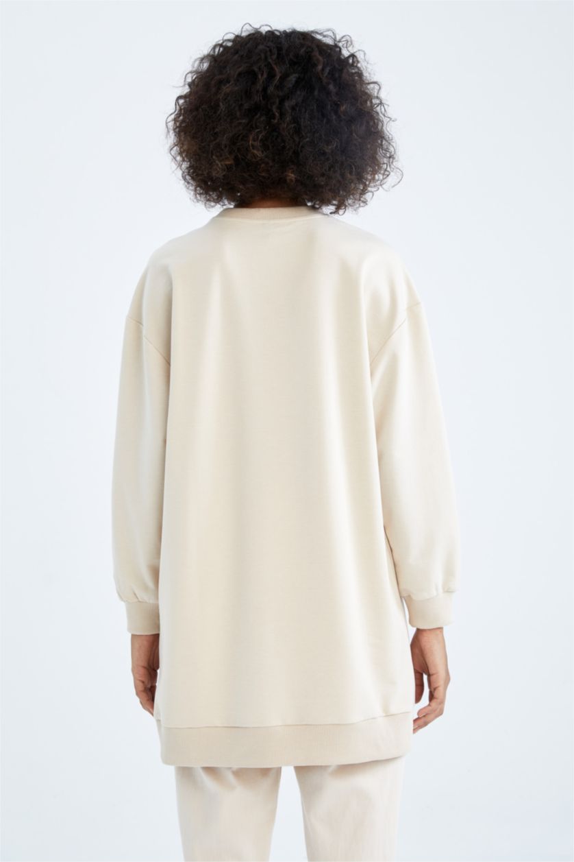 WOMAN Beige Relax Fit Thin Sweatshirt Fabric Crew Neck Embroidered Sweat Tunic