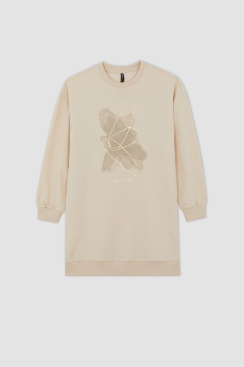 WOMAN Beige Relax Fit Thin Sweatshirt Fabric Crew Neck Embroidered Sweat Tunic