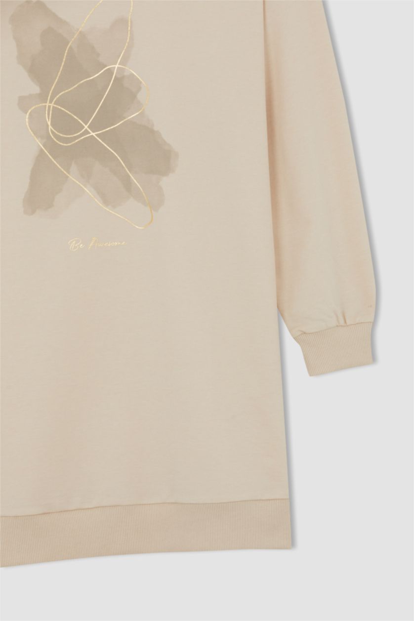 WOMAN Beige Relax Fit Thin Sweatshirt Fabric Crew Neck Embroidered Sweat Tunic