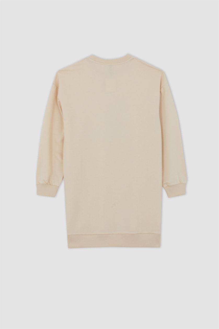 WOMAN Beige Relax Fit Thin Sweatshirt Fabric Crew Neck Embroidered Sweat Tunic