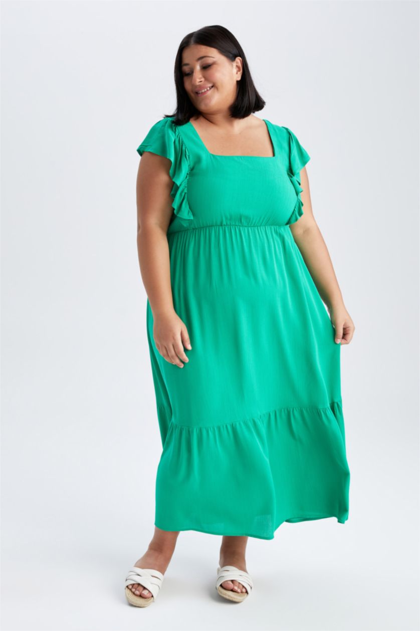 نساء أخضر فستان ميدي من قماش مجعد بقصة A بياقة مربعة بكم مكشكش مقاس كبير