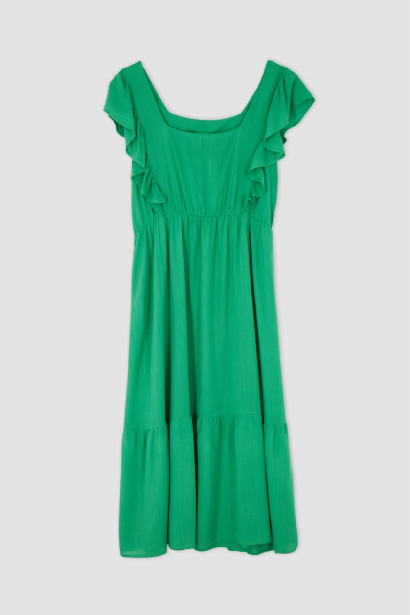 نساء أخضر فستان ميدي من قماش مجعد بقصة A بياقة مربعة بكم مكشكش مقاس كبير