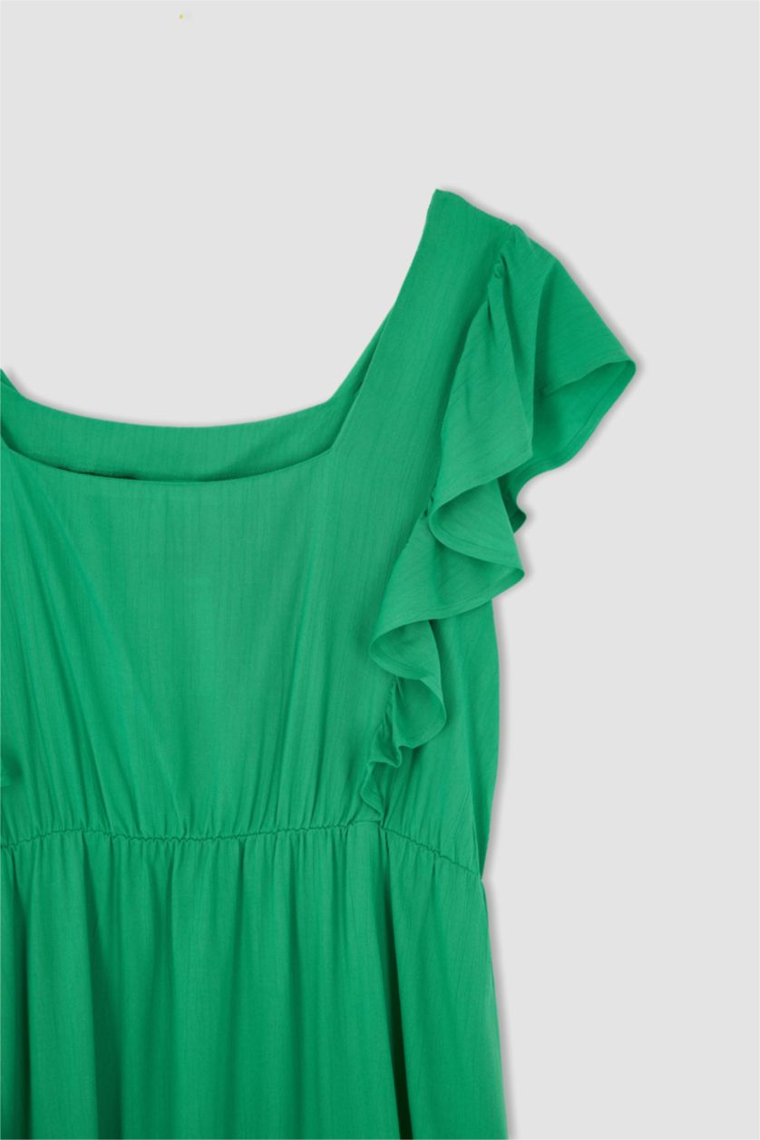 نساء أخضر فستان ميدي من قماش مجعد بقصة A بياقة مربعة بكم مكشكش مقاس كبير