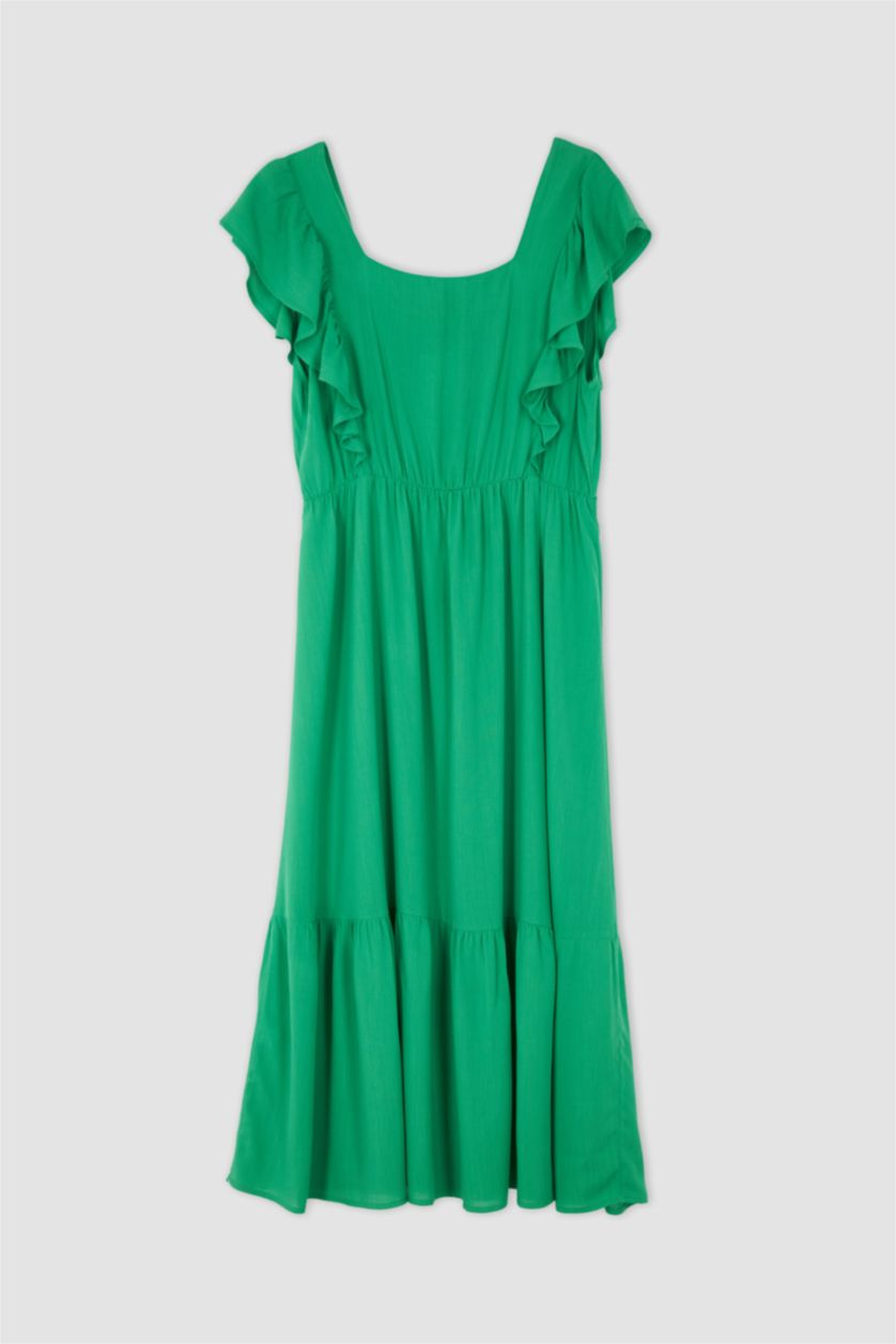 نساء أخضر فستان ميدي من قماش مجعد بقصة A بياقة مربعة بكم مكشكش مقاس كبير