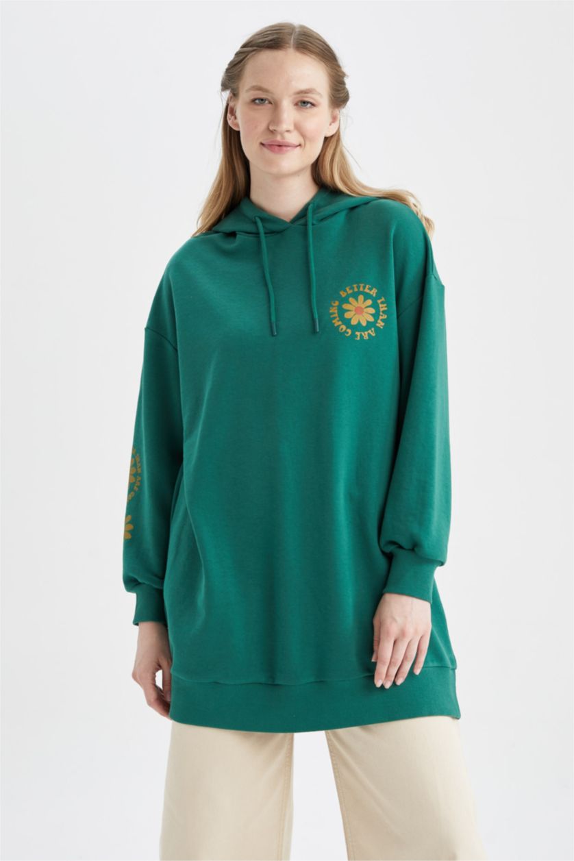 FEMME Vert Foncé Sweat-Shirt Tunique Coupe Ample À Col Rond İmprimé