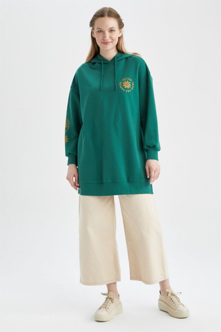 FEMME Vert Foncé Sweat-Shirt Tunique Coupe Ample À Col Rond İmprimé