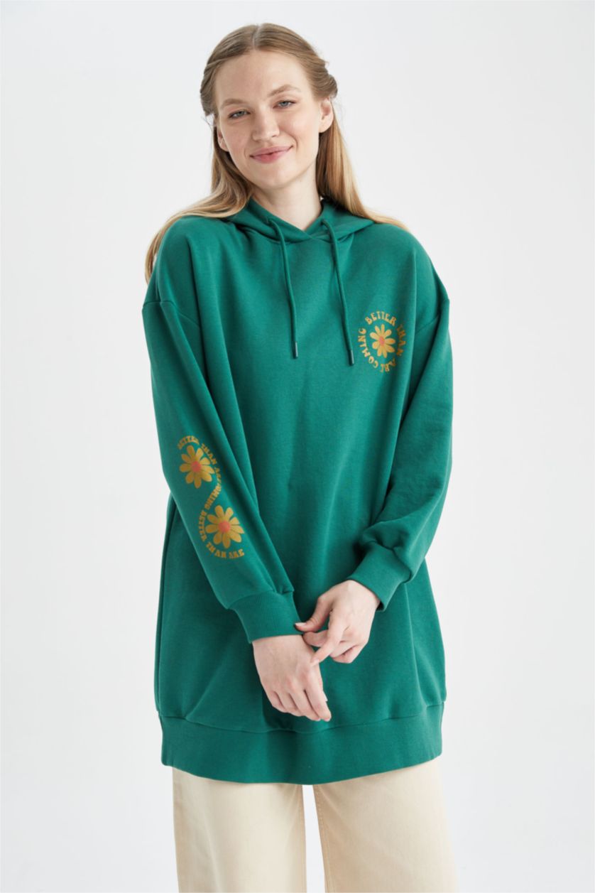 FEMME Vert Foncé Sweat-Shirt Tunique Coupe Ample À Col Rond İmprimé
