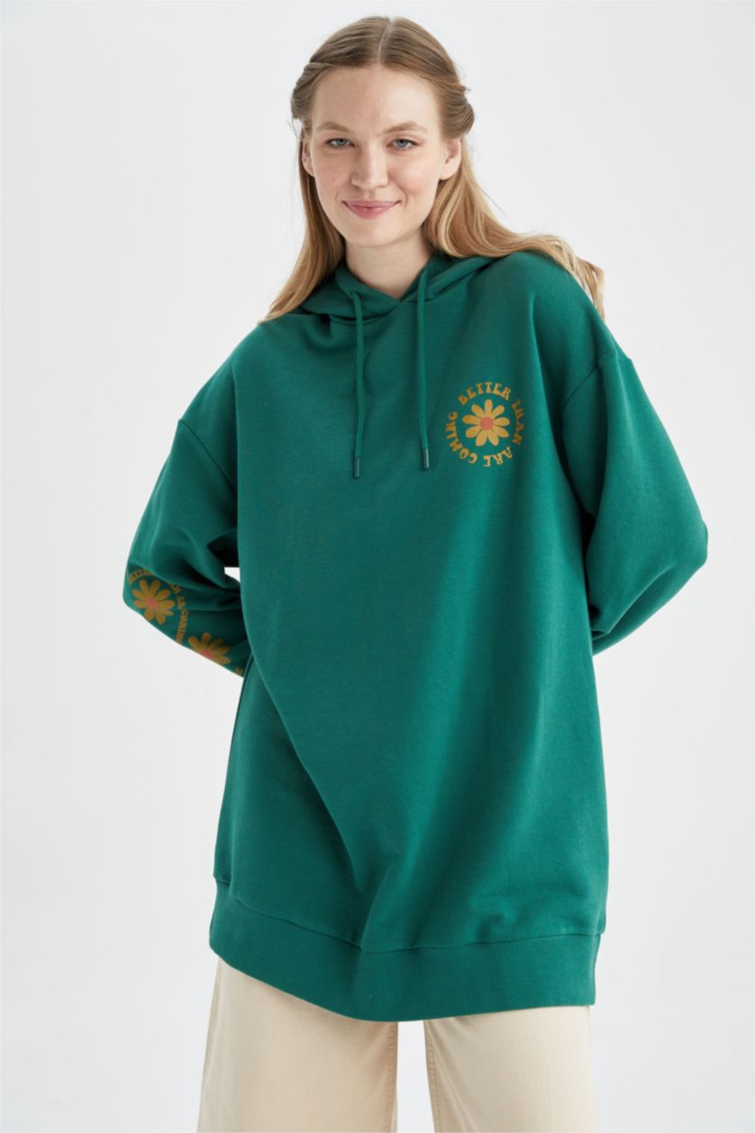 FEMME Vert Foncé Sweat-Shirt Tunique Coupe Ample À Col Rond İmprimé