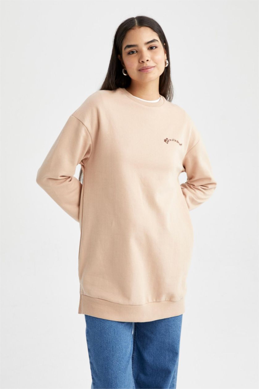 WOMAN Vison Relax Fit Thin Sweatshirt Fabric Crew Neck Embroidered Sweat Tunic