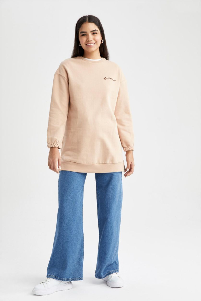 WOMAN Vison Relax Fit Thin Sweatshirt Fabric Crew Neck Embroidered Sweat Tunic