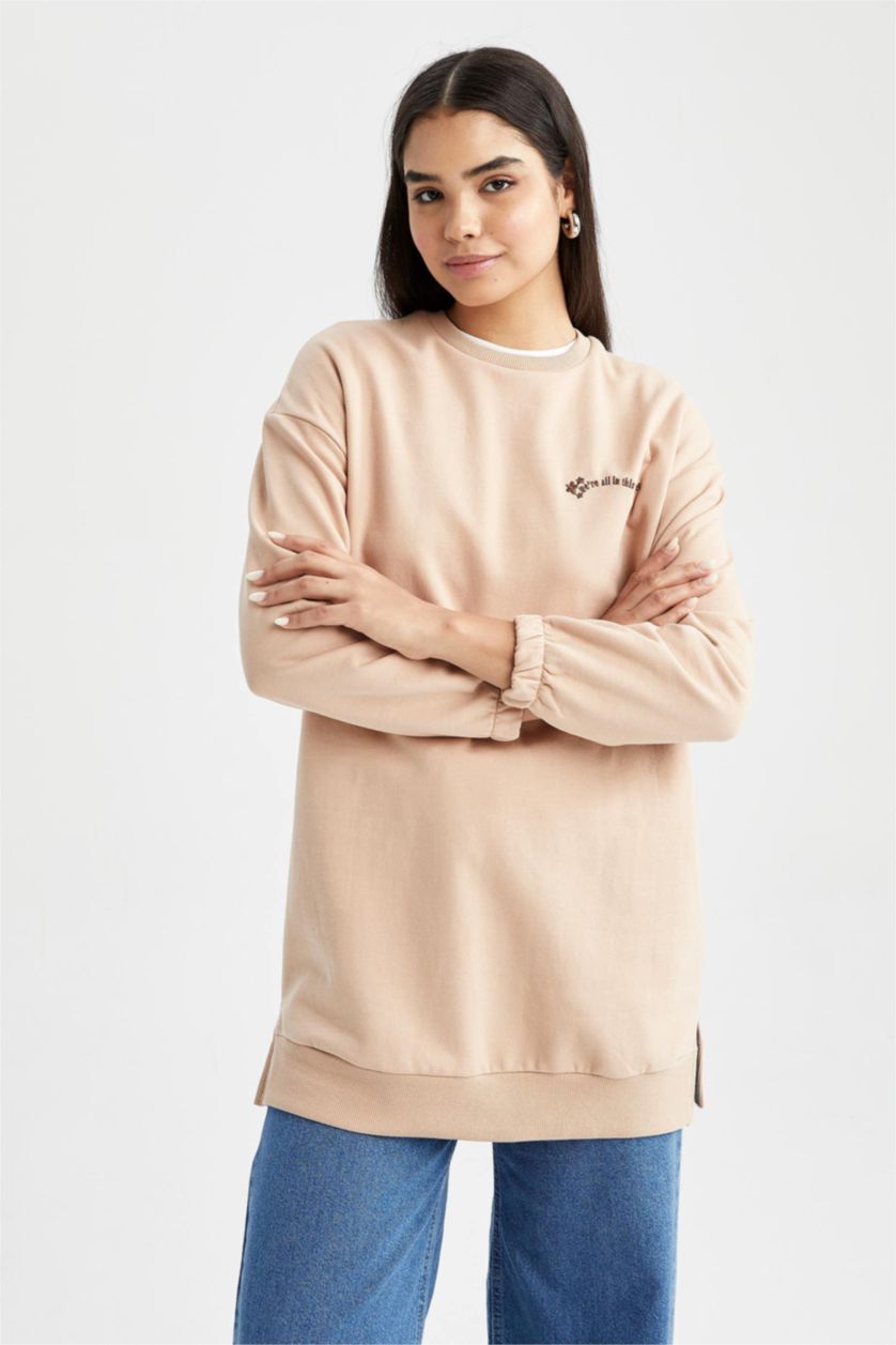 WOMAN Vison Relax Fit Thin Sweatshirt Fabric Crew Neck Embroidered Sweat Tunic