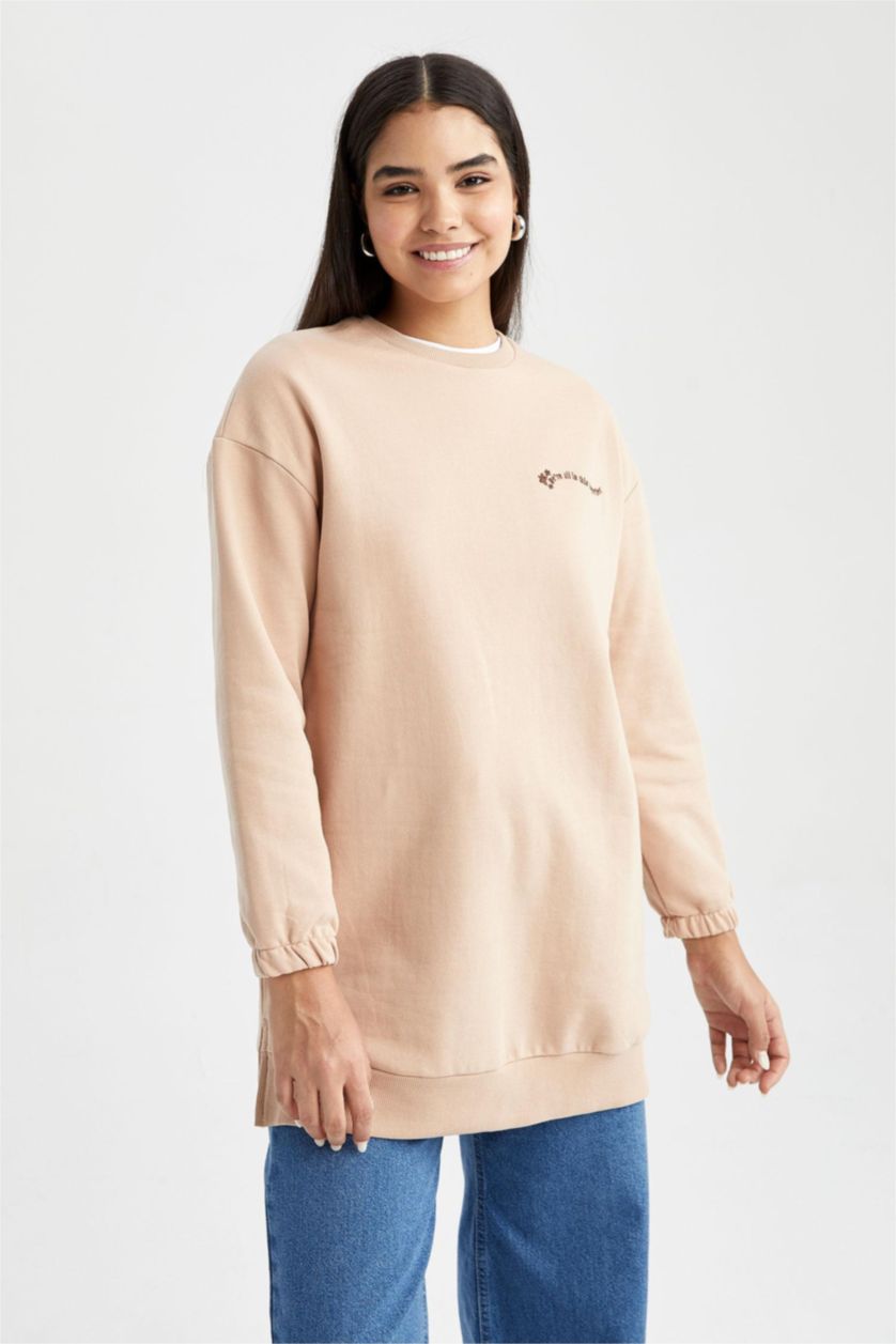 WOMAN Vison Relax Fit Thin Sweatshirt Fabric Crew Neck Embroidered Sweat Tunic
