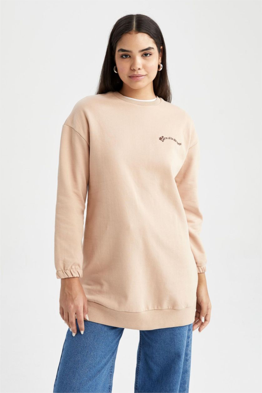 WOMAN Vison Relax Fit Thin Sweatshirt Fabric Crew Neck Embroidered Sweat Tunic