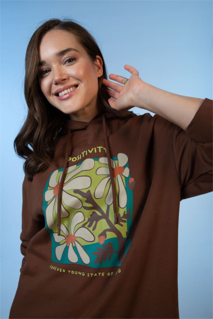 FEMME Marron Sweatshirt tunique Tissu Sweat Fin Coupe Oversize Floral À capuche