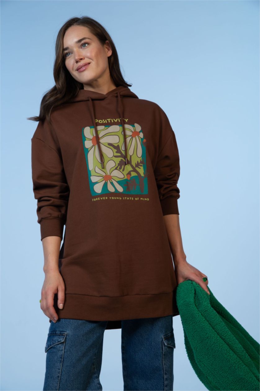 FEMME Marron Sweatshirt tunique Tissu Sweat Fin Coupe Oversize Floral À capuche