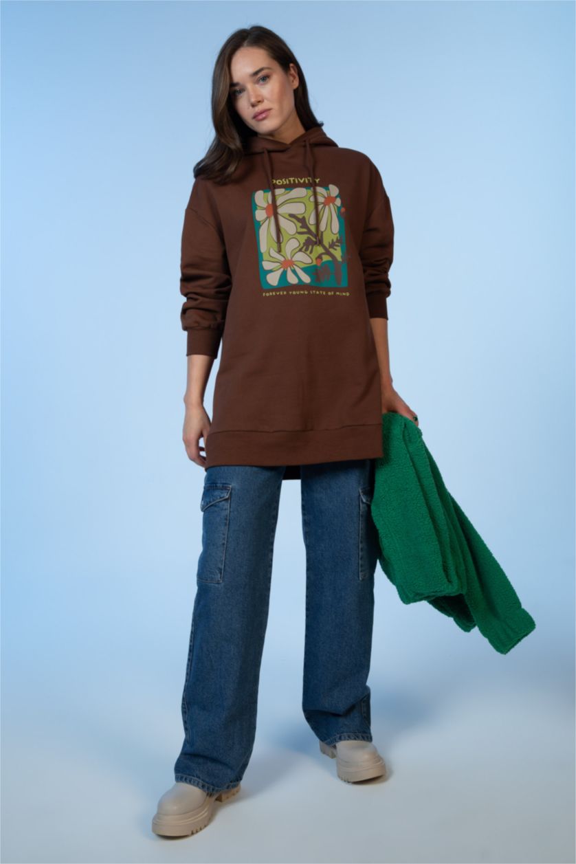 FEMME Marron Sweatshirt tunique Tissu Sweat Fin Coupe Oversize Floral À capuche