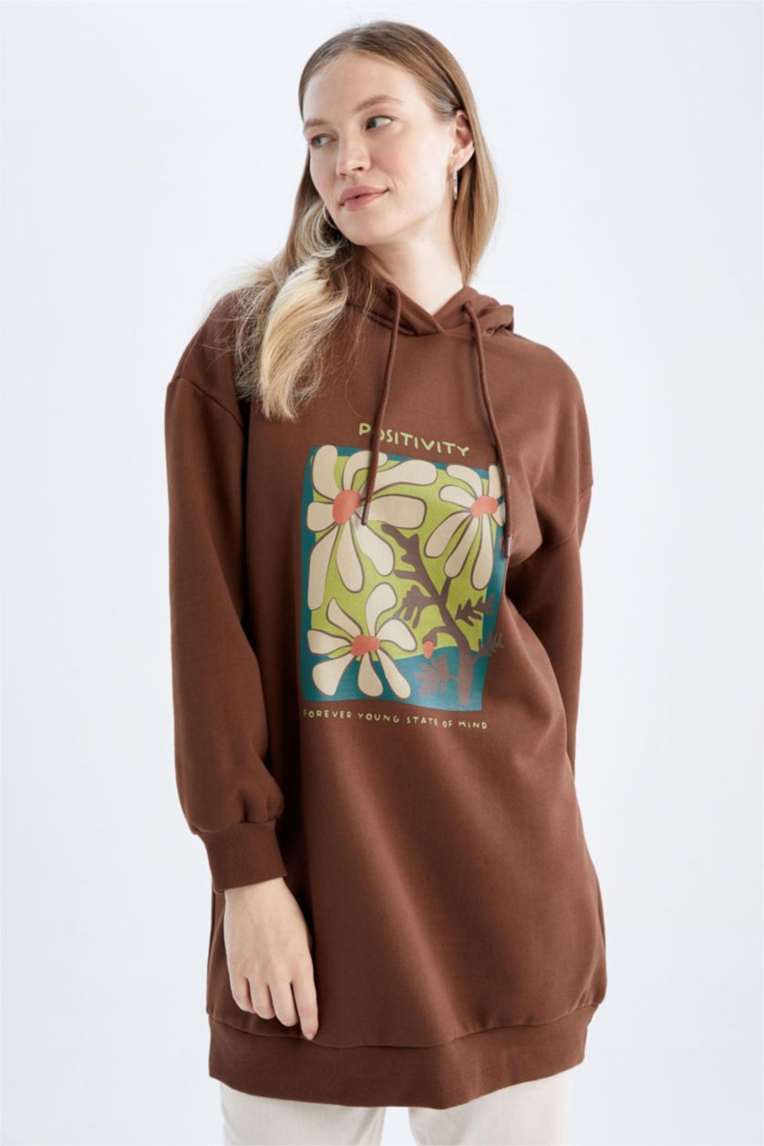 FEMME Marron Sweatshirt tunique Tissu Sweat Fin Coupe Oversize Floral À capuche