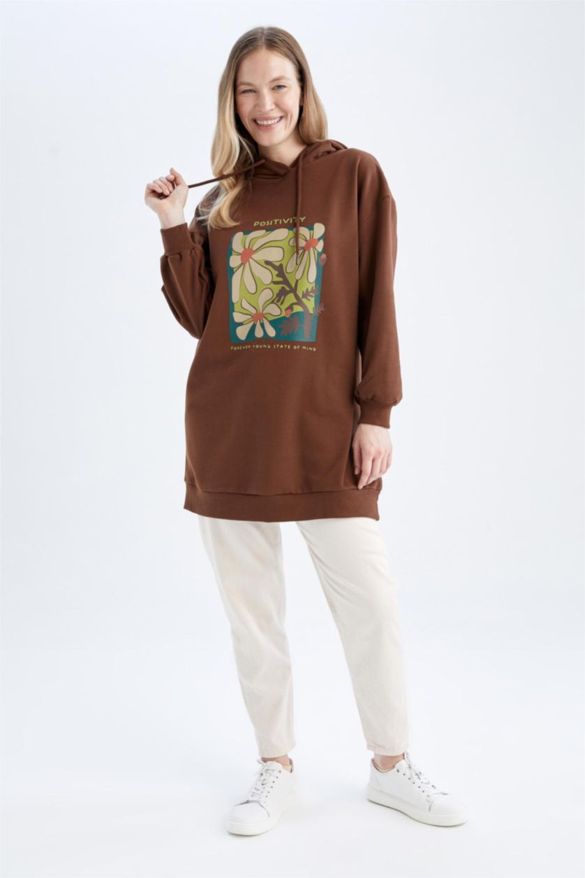 FEMME Marron Sweatshirt tunique Tissu Sweat Fin Coupe Oversize Floral À capuche