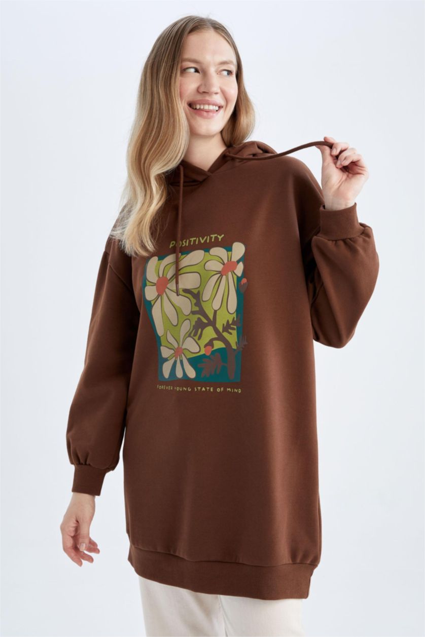 FEMME Marron Sweatshirt tunique Tissu Sweat Fin Coupe Oversize Floral À capuche
