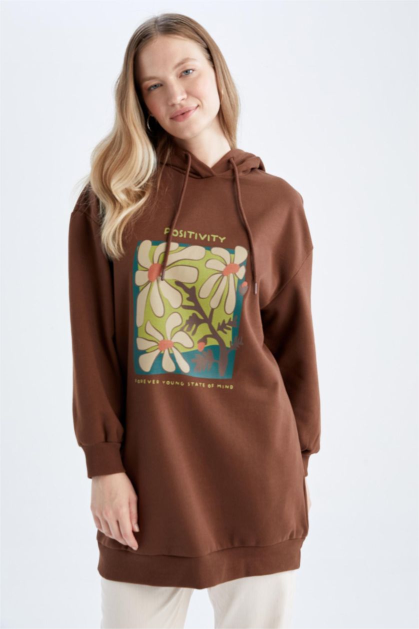 FEMME Marron Sweatshirt tunique Tissu Sweat Fin Coupe Oversize Floral À capuche