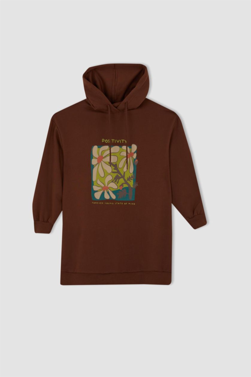 FEMME Marron Sweatshirt tunique Tissu Sweat Fin Coupe Oversize Floral À capuche