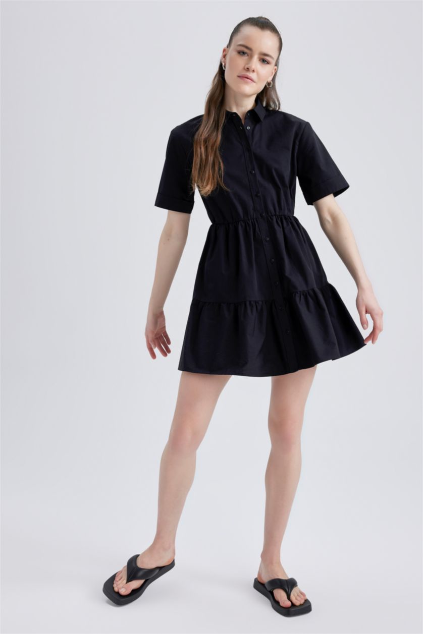 WOMAN Black Shirt Collar Poplin Mini Cotton Dress