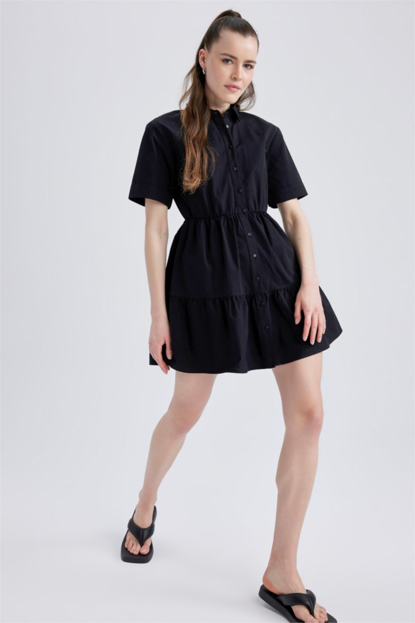 WOMAN Black Shirt Collar Poplin Mini Cotton Dress