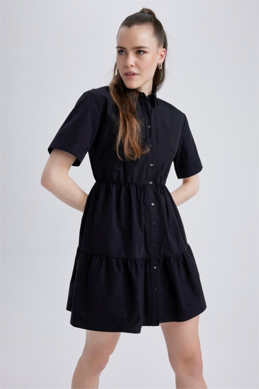 WOMAN Black Shirt Collar Poplin Mini Cotton Dress