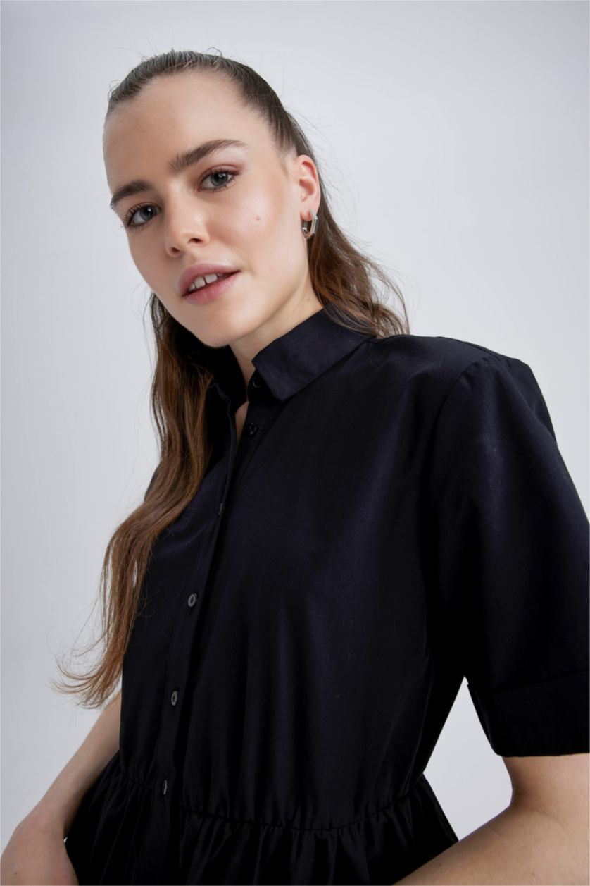WOMAN Black Shirt Collar Poplin Mini Cotton Dress