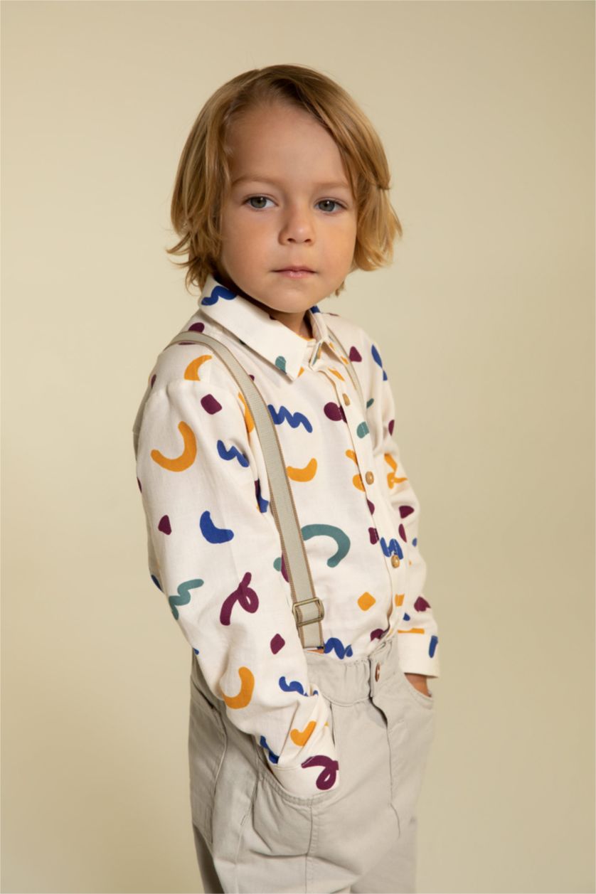 Erkek Bebek Bej Gömlek Yaka Twill Uzun Kollu Gömlek Erkek Bebek