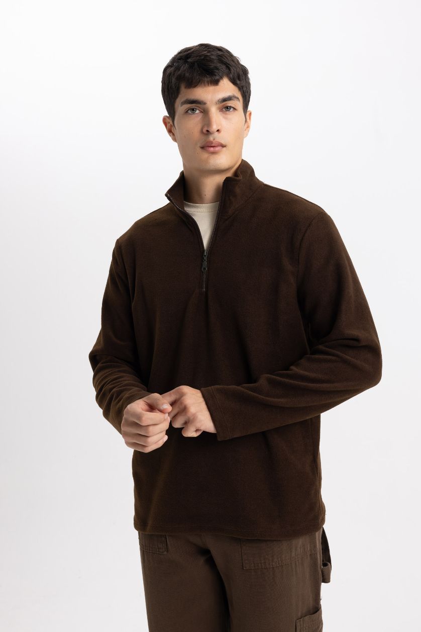 Erkek Kahve Kahverengi Tüylenme Yapmayan Soğuk Geçirmez  Regular Fit Dik Yaka Fermuarlı Polar Sweatshirt