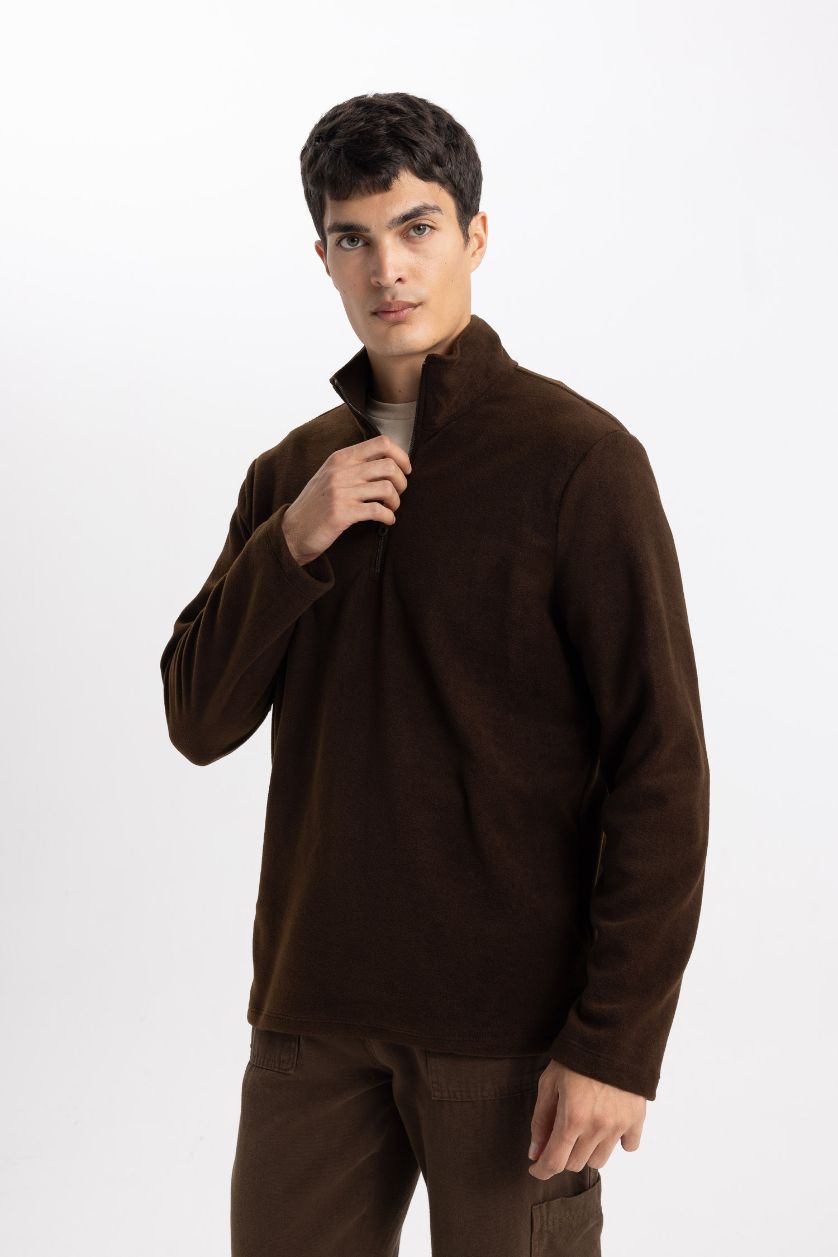 Erkek Kahve Kahverengi Tüylenme Yapmayan Soğuk Geçirmez  Regular Fit Dik Yaka Fermuarlı Polar Sweatshirt