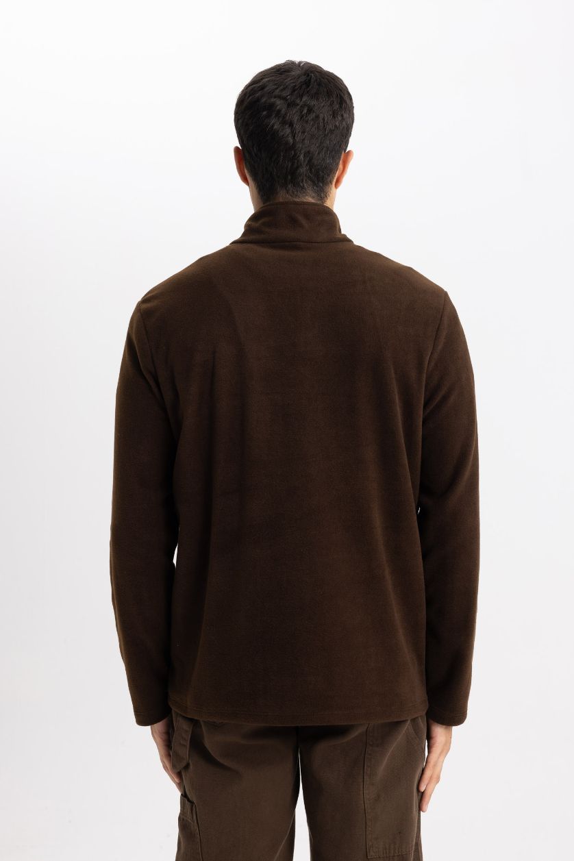 Erkek Kahve Kahverengi Tüylenme Yapmayan Soğuk Geçirmez  Regular Fit Dik Yaka Fermuarlı Polar Sweatshirt