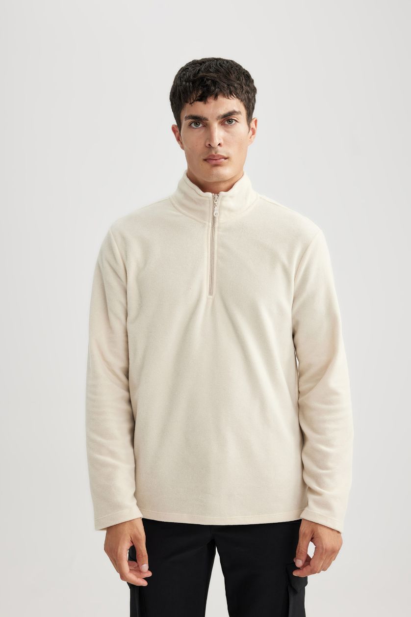 Erkek Ekru Ekru Tüylenme Yapmayan Soğuk Geçirmez  Regular Fit Dik Yaka Fermuarlı Polar Sweatshirt