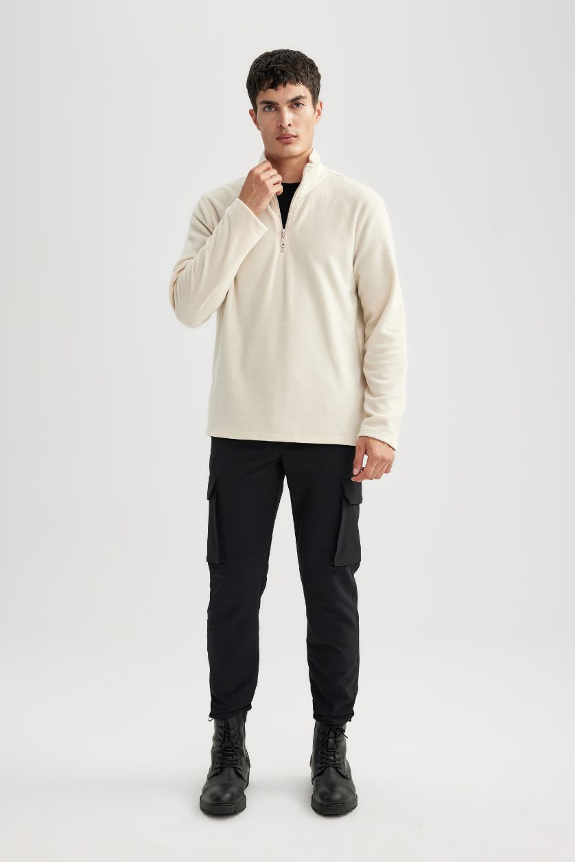 Erkek Ekru Ekru Tüylenme Yapmayan Soğuk Geçirmez  Regular Fit Dik Yaka Fermuarlı Polar Sweatshirt